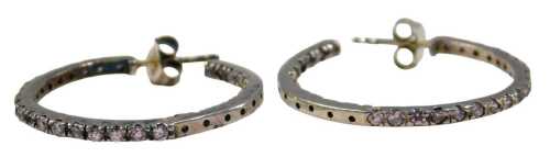 A pair of silver and CZ hoop earrings, the pink CZs square set in claws, on single pin back with...
