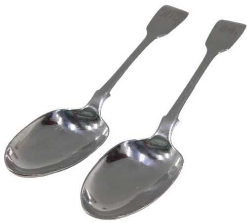A pair of Victorian silver fiddle pattern serving spoons, each bearing the initials AEM, maker...