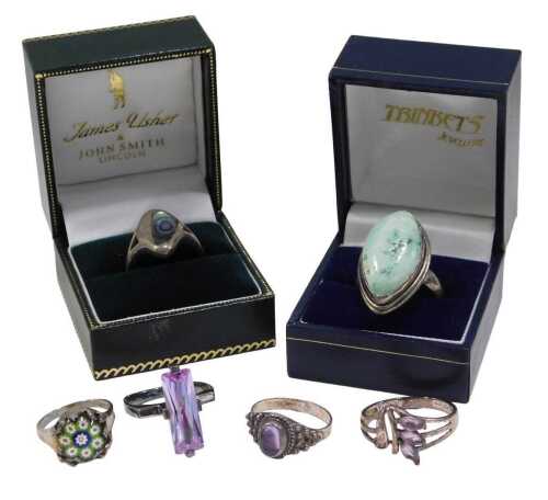 Six silver dress rings, comprising Millefiori type design, signet rings, etc., boxed. (6)