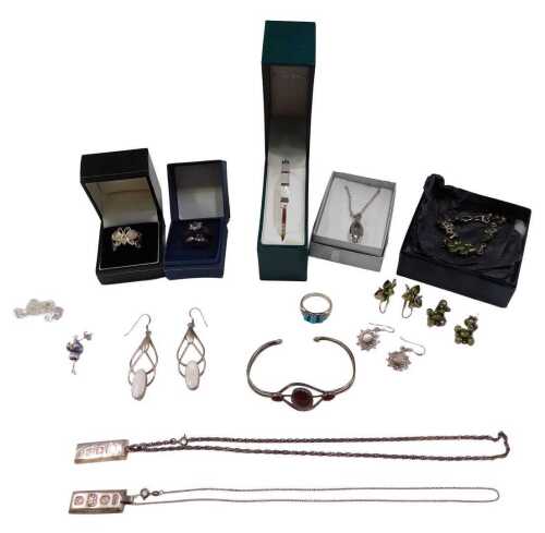 A group of assorted silver and other jewellery, comprising a silver mother-of-pearl and...