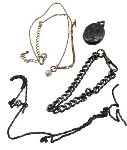 A silver watch chain, with plated clasp and silver locket, 18.5g all in, and a gold plated pearl...