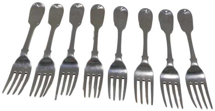 A set of eight silver fiddle pattern table forks, each bearing the initials CEM, by George W...