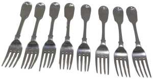 A set of eight silver fiddle pattern table forks, each bearing the initials CEM, by George W...
