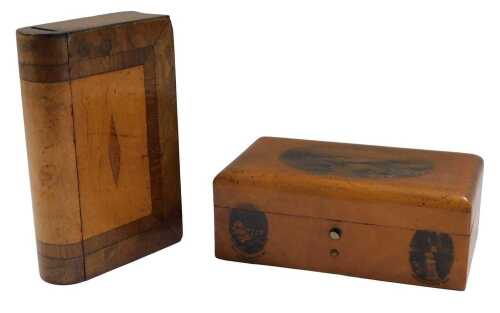 A late 19thC Mauchline ware jewellery box, Loch Tummel Queen's View, 14cm wide, and a burr wood...