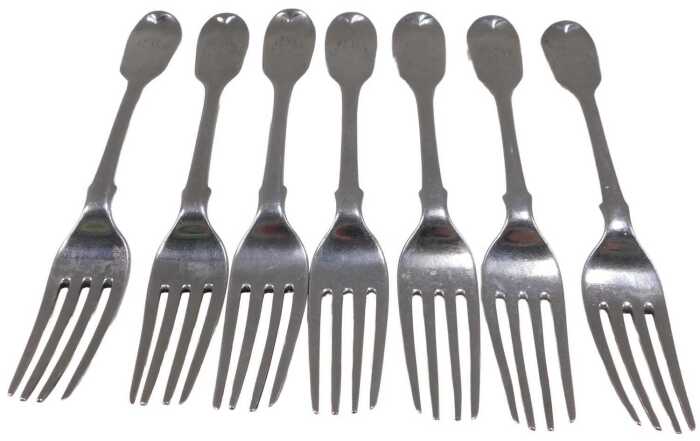 A set of seven silver fiddle pattern fish forks, each bearing the initials CEM, by George W...