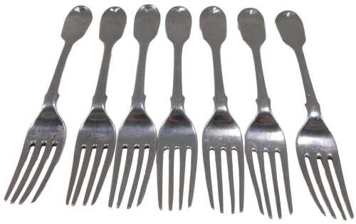 A set of seven silver fiddle pattern fish forks, each bearing the initials CEM, by George W...