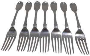 A set of seven silver fiddle pattern fish forks, each bearing the initials CEM, by George W...