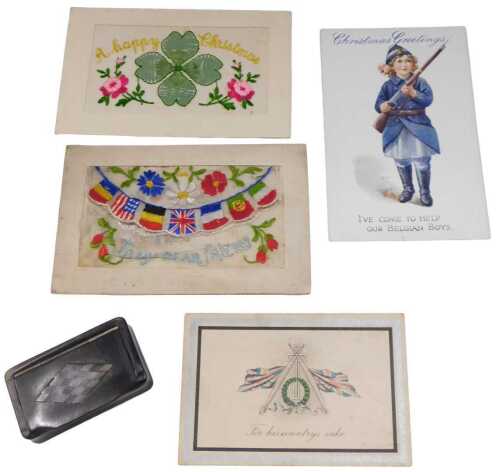 Various WWI embroidered postcards, to include Happy Christmas, 13cm wide, and a horn snuff box....