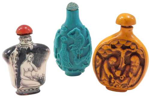 Three various snuff bottles, turquoise example, raised with figures, 7cm high, another with nude...