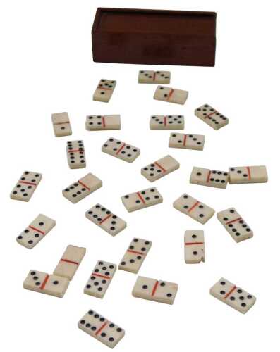 A Prisoner of War style bone miniature dominoes set, in mahogany box, with sliding lid, 6cm long.