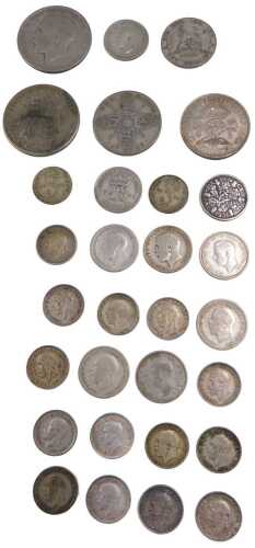 Various coins, pre 46, low-denomination silver, approx 100g.