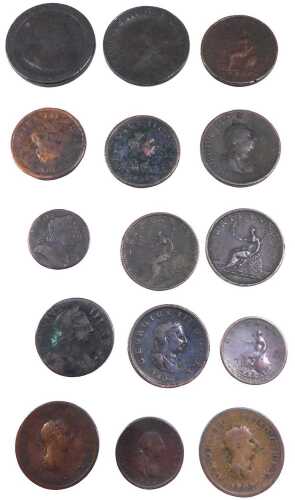 Various coins, George III cartwheel pennies, and various others. (a quantity)