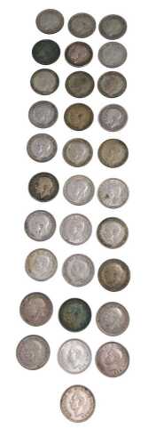 Various coins, pre 1946 threepenny bits, approx 43g.