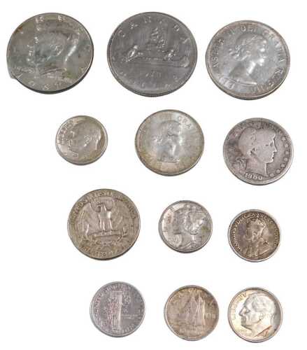Various coins, USA and Canada low-denomination silver coins, approx 70g.