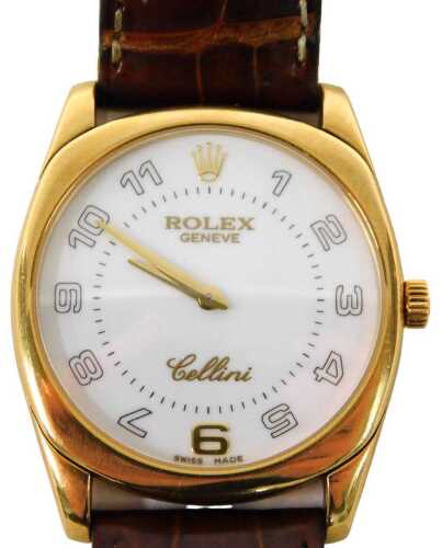 An 18ct gold Rolex Geneve Cellini wristwatch, the white circular numeric dial, in a gold casing,...