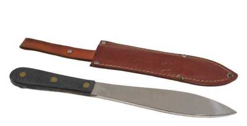 A 20thC throwing knife, the plain leaf blade with elephant mark, turned handle and leather...