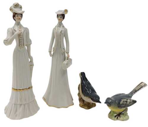 A pair of Continental porcelain figures of ladies, and two Beswick birds, Grey Wagtail 1041, 7cm...