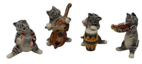 Four Whimsy style cat figures, playing musical instruments, in colours, unmarked, to include...
