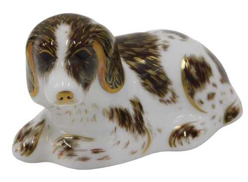 A Royal Crown Derby Collector's Guild paperweight figure Scruff, gilt stopper, 5cm high.