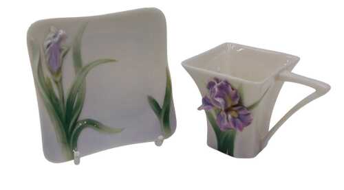 A Franz porcelain Iris Demi Tasse cup, 7cm high, and saucer, FZ00819UK, boxed.
