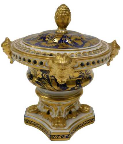 A 19thC Derby porcelain potpourri centrepiece, the circular part pierced top with gilt floral...