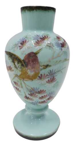 A late 19thC Continental glass vase, the bulbous body hand-painted with birds and flowers, on a...