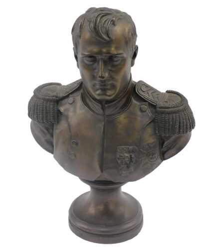 A bronze finish bust of Napoleon Bonaparte, on circular socle, bearing marks 1892, 37cm high.