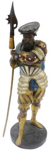 A 19thC style cast metal figure of a warrior, on circular base, 67cm high.