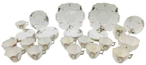 A 20thC Atlas china part tea service, Art Deco style, to include two sandwich plates, 26cm wide,...