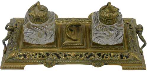 A 20thC rococo design brass ink stand, with two removable glass wells, with fixed serpent lids,...