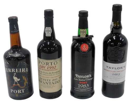 Various alcohol, port, Taylor's 1983, Porto LBV1992 Quinta do Ferreria ruby port, and a bottle...