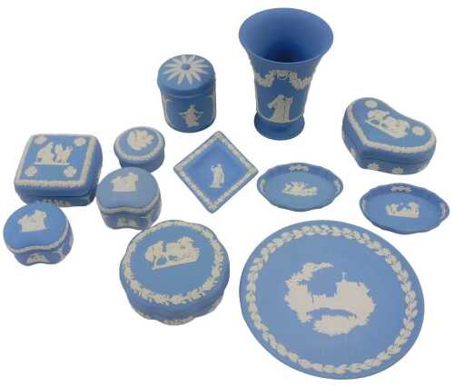 Various Wedgwood blue Jasperware, diamond shaped dish, vase, 16cm high, mainly 1960s. (a quantity)
