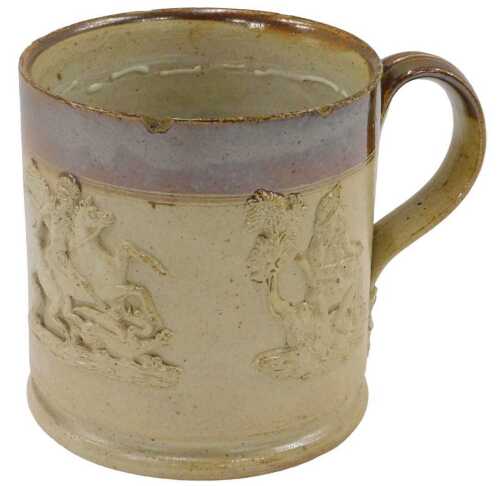 A mid 19thC stoneware cider tankard, with strap handle, the cylindrical body, raised with St...