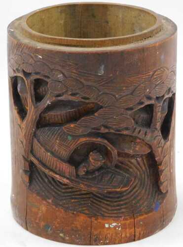 A 19thC Chinese bamboo brush pot, of small cylindrical form, heavily carved with figures in...