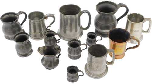 Various pewter, mugs, 19thC bellied French example, 13cm high, various other mugs, jug, etc. (a...