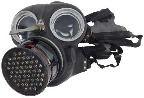 A WWII respiratory gas mask, with metal fittings, marked L&B 1942 LOT172C, 20cm high.