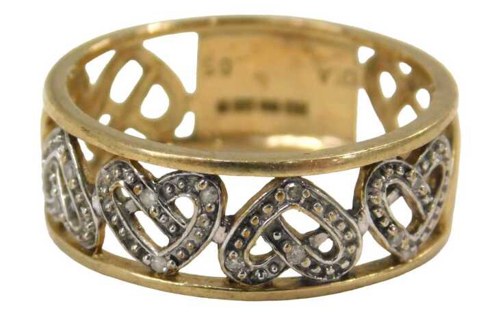 A 9ct gold eternity ring, of pierced heart design, half set with diamonds totalling 0.05ct, ring...