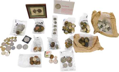 Various coins, Maria Theresa replica coin, a small quantity of silver pre-decimal GB shillings,...