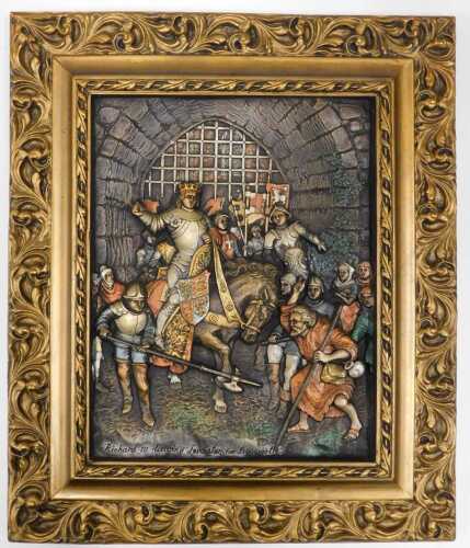 A 20thC Studios plaque, Richard III leaving Leicester at Bosworth, labelled and numbered 886...