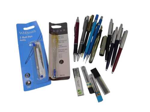 Various pens, Parker and others, ballpoint with top opening in blue with chrome arrow, 13cm long,...