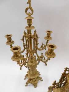A 20thC gilt metal clock garniture, the 9cm diameter raised enamel Roman numeric dial housed in... - 6