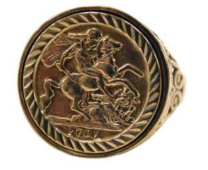 A 9ct gold St George signet ring, 2.9g all in.