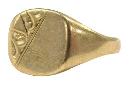 A 9ct gold signet ring, the oval ring head, with part etched detail, misshapen, ring size U&frac12;,...