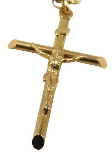 A 9ct gold crucifix pendant and chain, the crucifix 4.5cm high, on a curb link neck chain, 48cm...