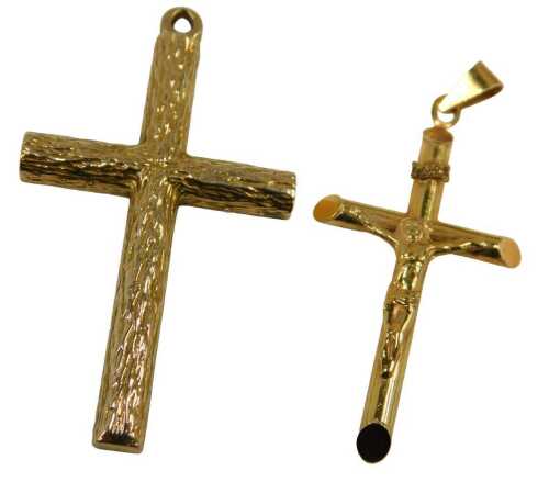 Two 9ct gold crucifix pendants, comprising one with Jesus, 3cm high, and another brushed example,...