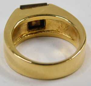 A modern finish gold plated dress ring, with citrine style paste stone, unmarked, ring size O. - 2