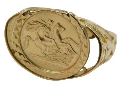 A 9ct gold gent's signet ring, mounted with a St George motif and pierced shoulders, bearing...