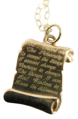 A fine link neck chain and pendant, the scroll pendant depicting religious scripture, yellow...
