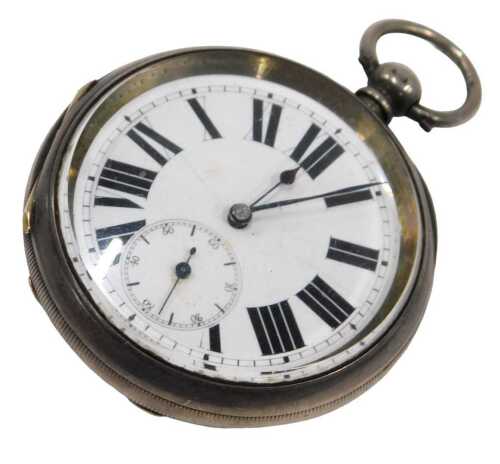 A Victorian silver pocket watch, the white enamel Roman numeric dial, with seconds dial and blue...