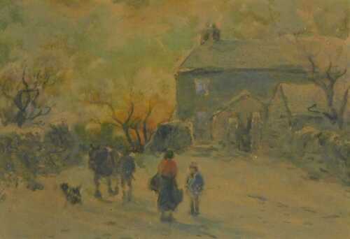 William Manners (1860-1930). Farmhouse and outbuildings with workhorse and three figures,...